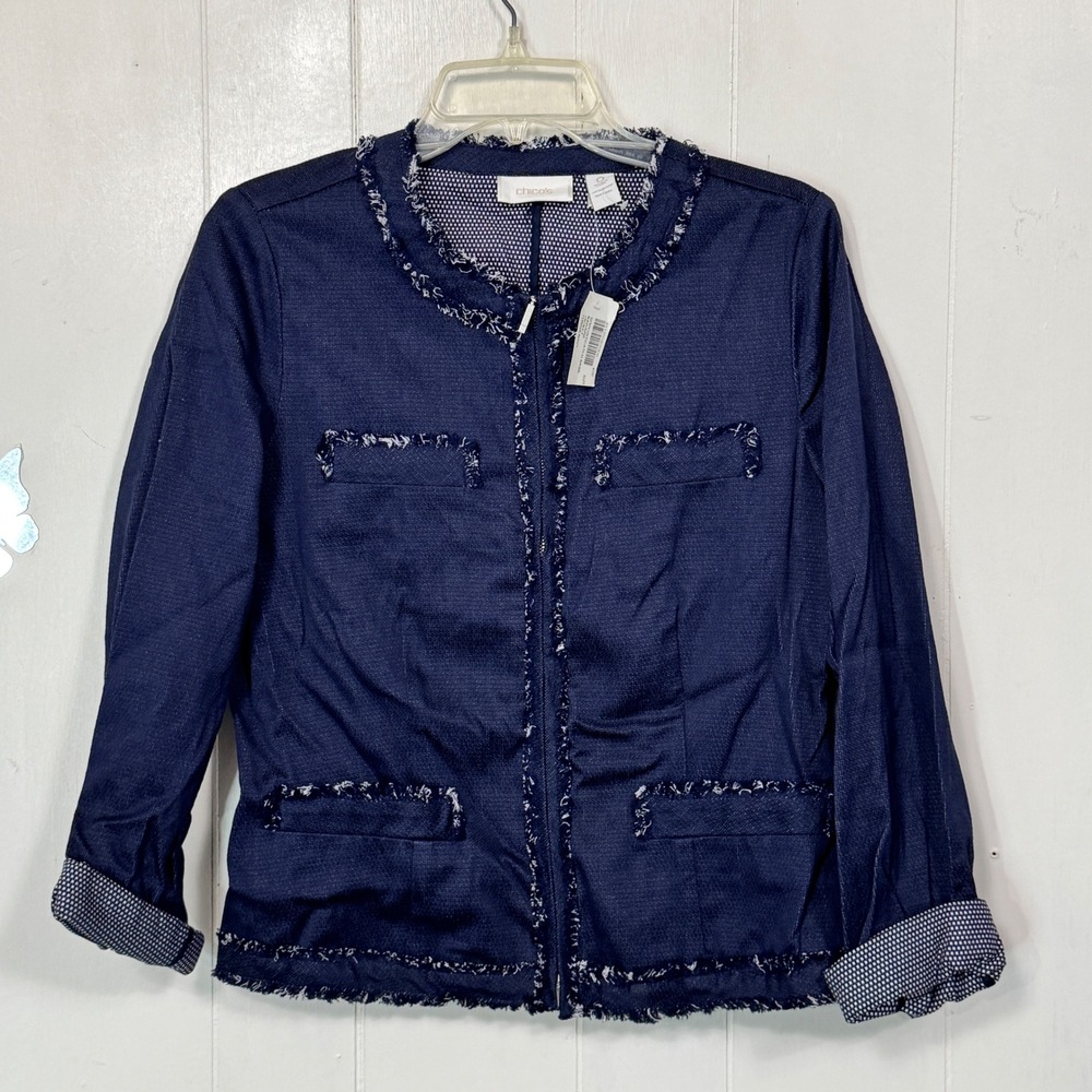 Chico's Karinne Tonga Navy Sophisticated Sass Frayed Trim Jacket Women's Small‎